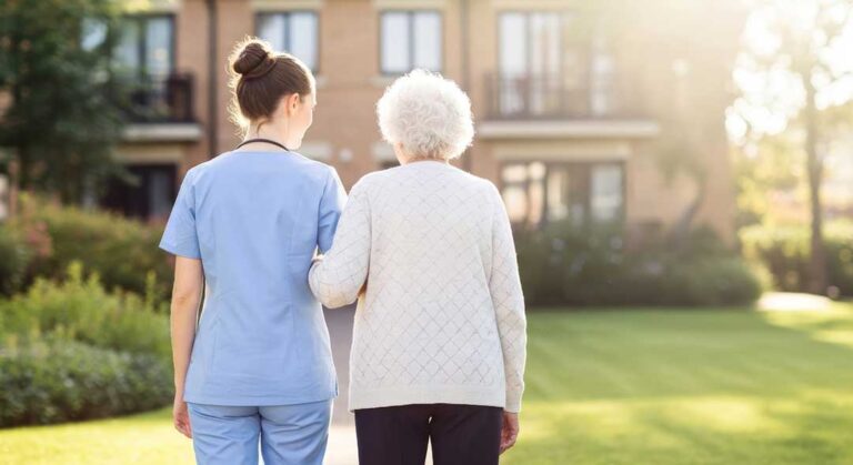 A senior resident greeting family members in a warmly lit assisted living common room.