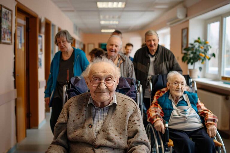Older adult choosing breakfast while a caregiver reviews a personalized daily schedule